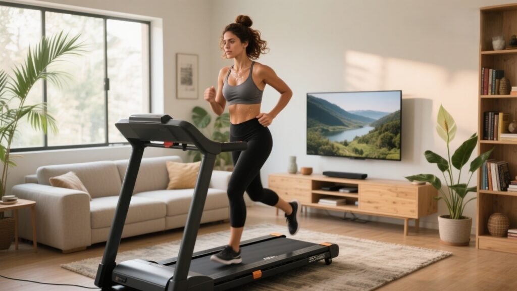 Melhor esteira ergométrica residencial em uso, com pessoa correndo em ambiente doméstico